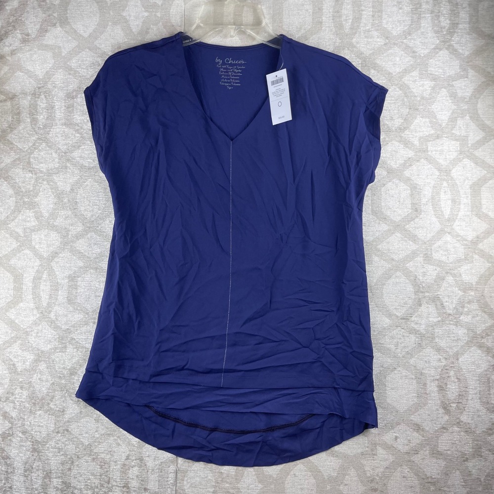 Chico's Kacie Knit Woven SS Top Women 0 Small Purple Plumage NWT V-Neck